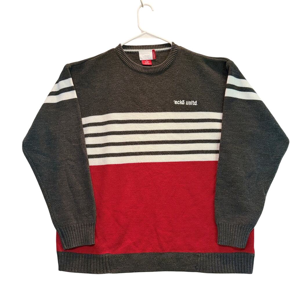 Vintage Ecko Unltd. Sweater Mens XL Gray Red Striped Acrylic Crewneck Y2K Knit